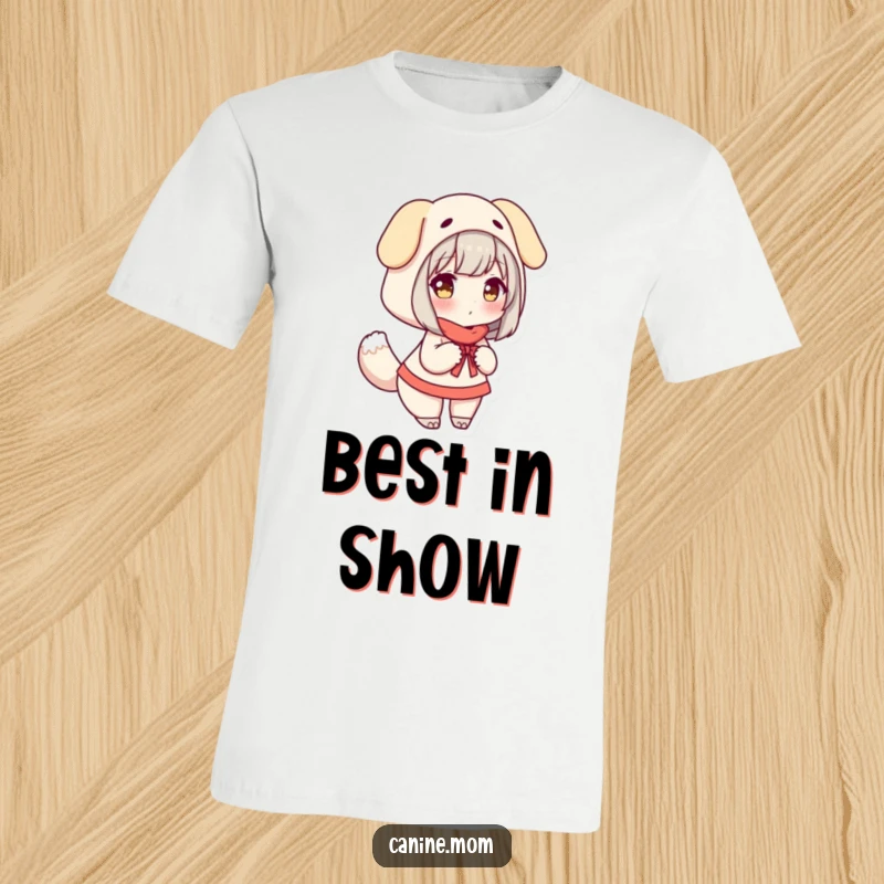 Funny T-Shirt: Woman dressed in a dog costume, joyfully wagging a tail, looking happy and playful.