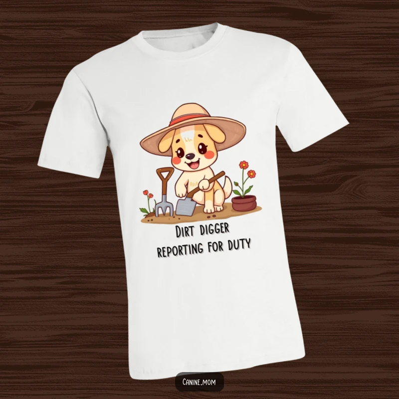 Funny dog t-shirt with a happy character wearing a large floppy hat, gardening with a trowel, in a garden.
