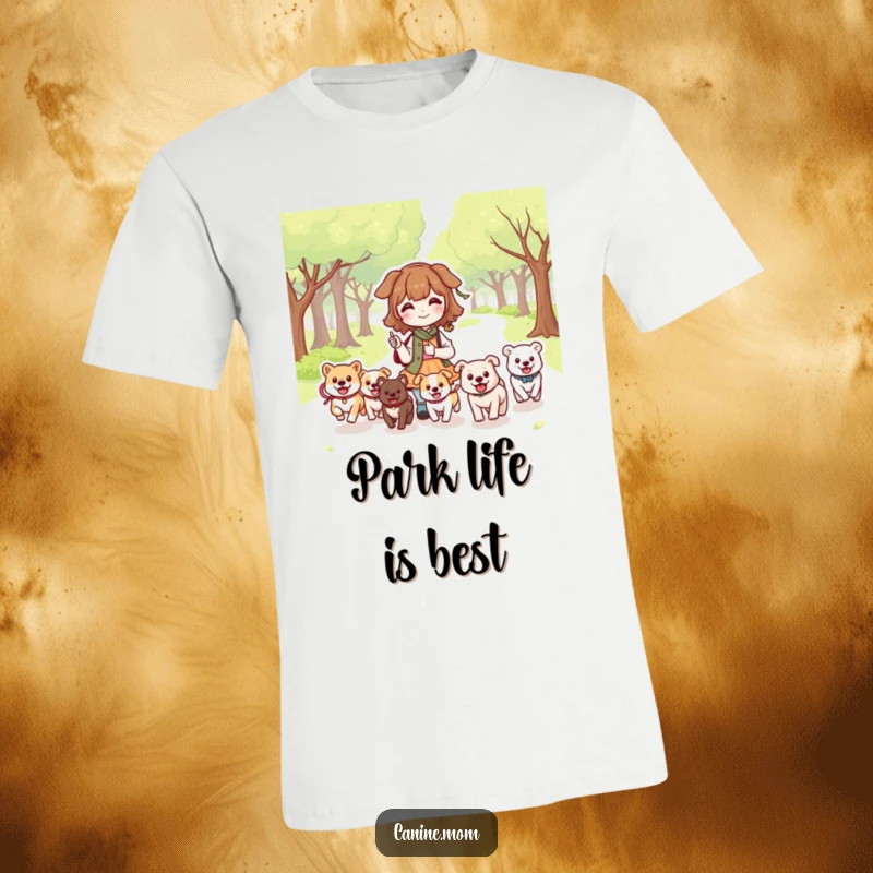 Funny Dog Lady Park T-Shirt: Kawaii character enjoys a park setting with several happy dogs running around. Hilarious funny gift.