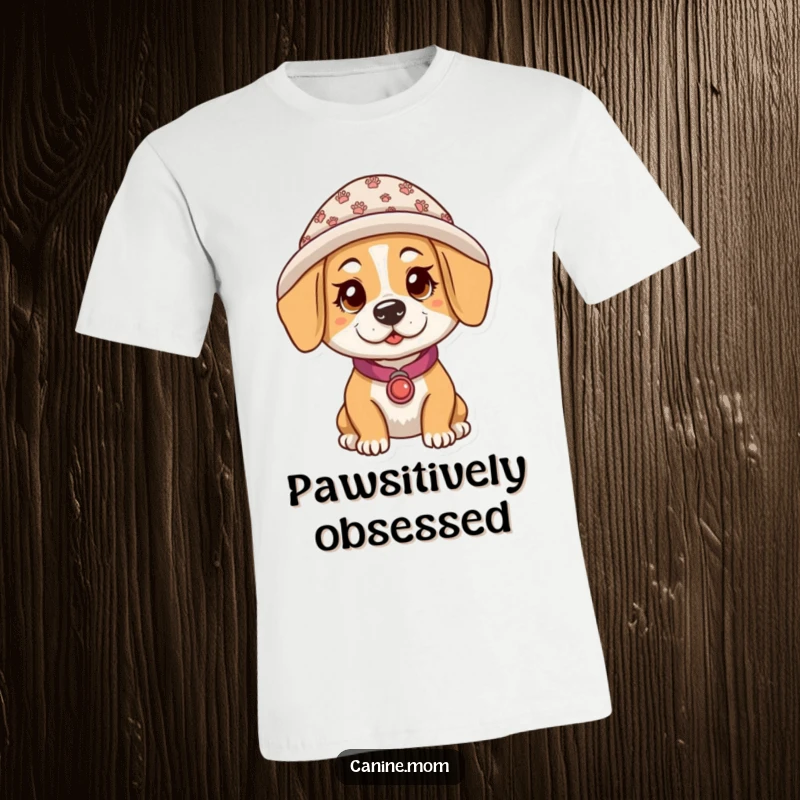 Funny t-shirt showcasing a dog lady with a hat decorated with adorable paw prints, exuding cheerful pet-owner vibes and humor.