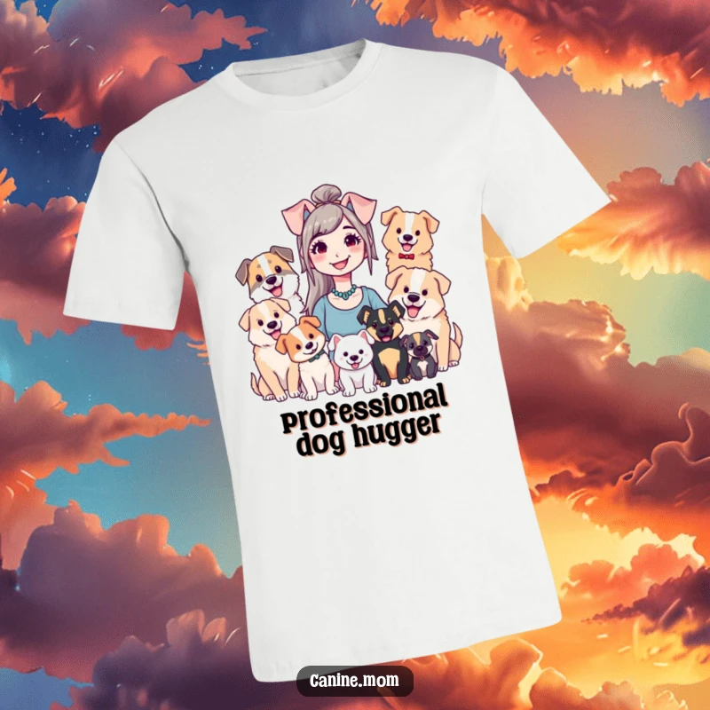 Funny t-shirt showing a smiling dog lady basking in the company of various happy dogs, expressing pure canine affection.