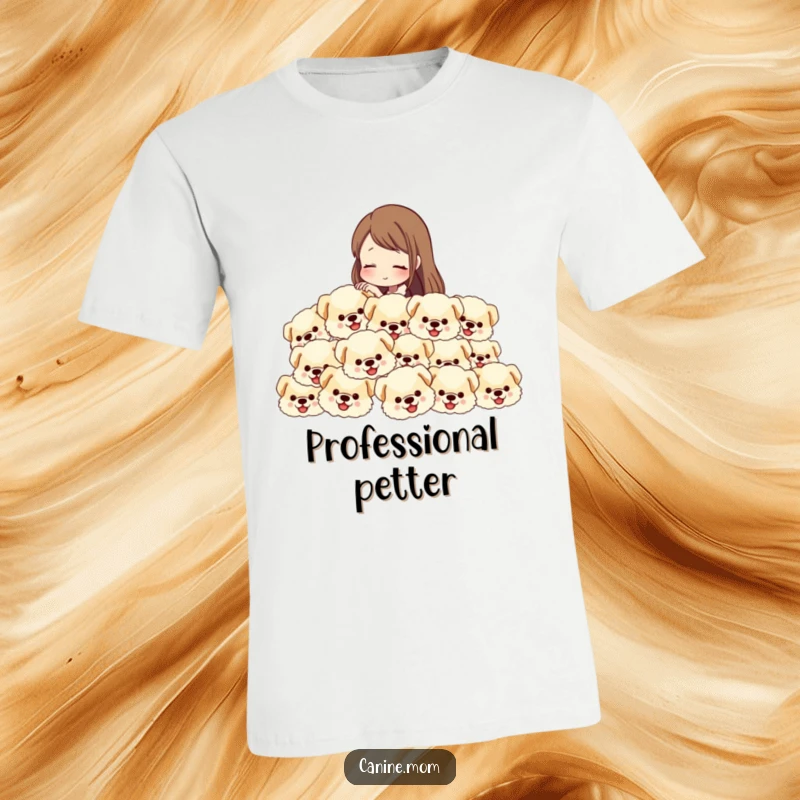 Funny T-shirt depicting a woman petting a delightful cascade of fluffy dog heads, a humorous ode to dog adoration.