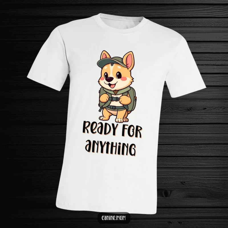 Funny t-shirt featuring an enthusiastic dog with a backpack, ready for adventure, ideal for explorers, a funny gift.