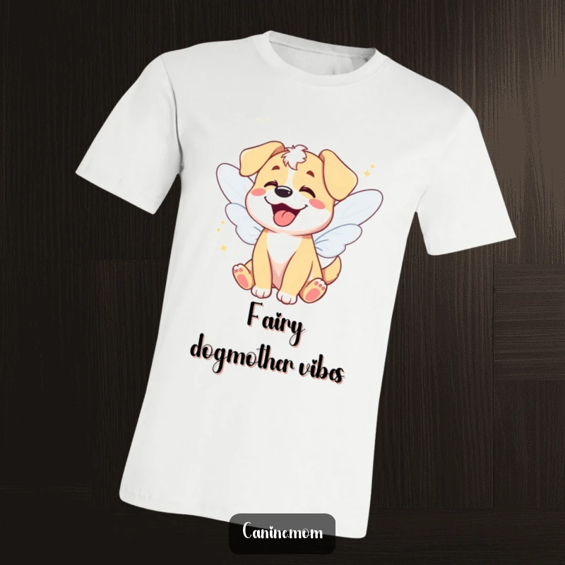 Funny t-shirt featuring a giggling dog with tiny fairy wings, fluttering with pure delight, a whimsical funny gift.