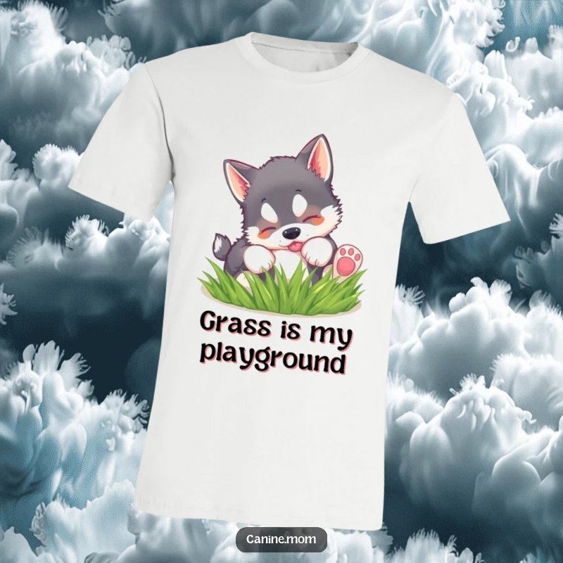 Funny T-shirt depicting a happy husky puppy playfully rolling in a patch of soft green grass, embodying pure joy.