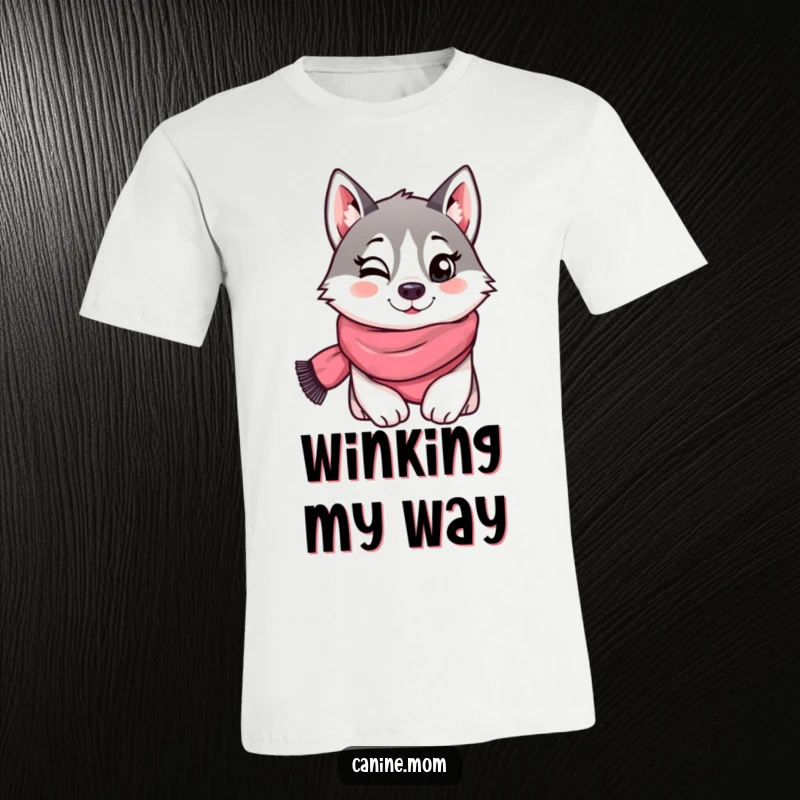 Funny T-shirt depicting a cool husky wearing a scarf and giving a cheeky, playful wink. A humorous and stylish design for any occasion.