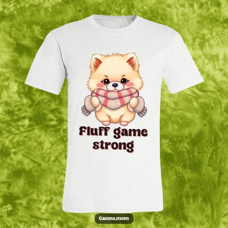 Funny t-shirt with a fluffy Pomeranian sporting a scarf and mittens, embodying winter cuteness and a touch of playful fashion.