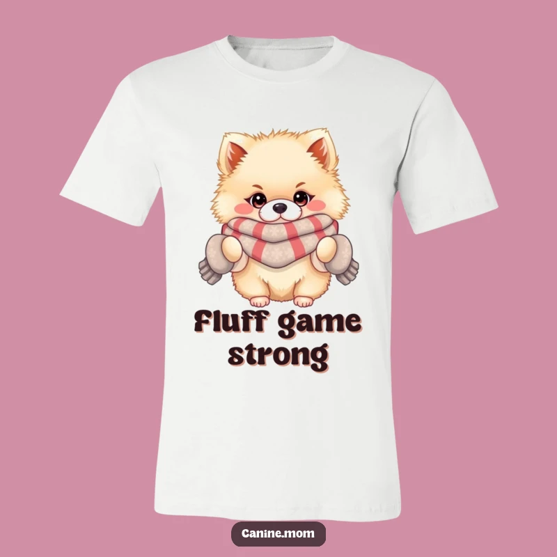 Funny Pomeranian Winter T-Shirt: Fluffy Dog in Scarf, Comical Outfit