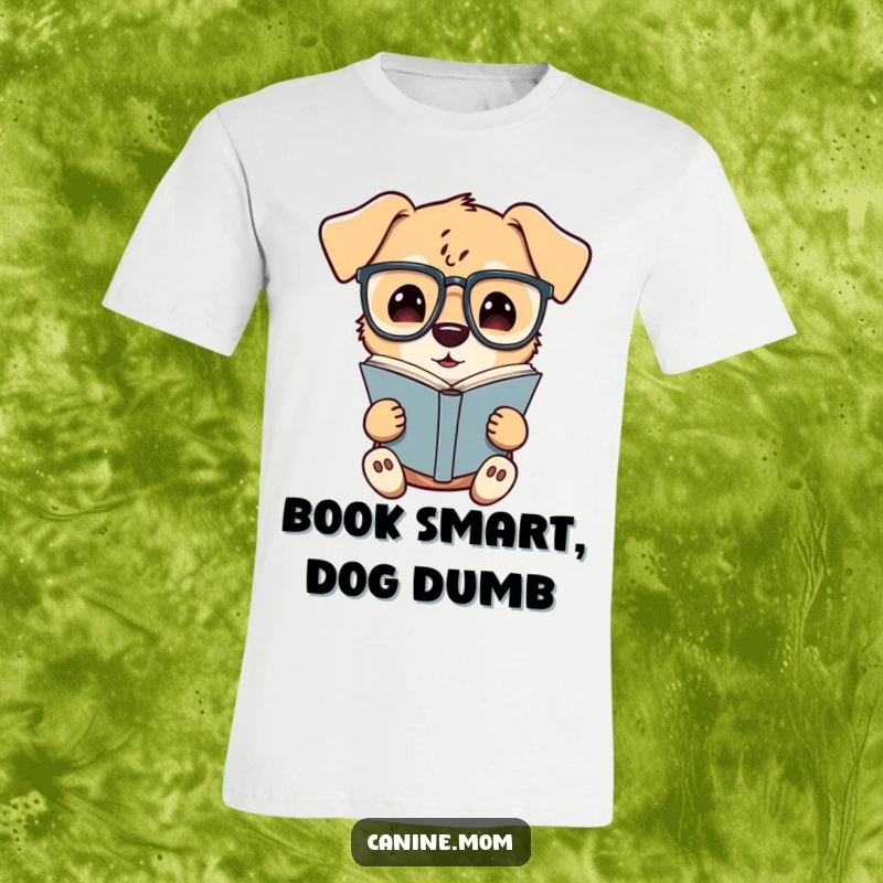 Funny t-shirt featuring a curious dog wearing oversized spectacles, engrossed in reading a book, embodying a smart and studious personality.