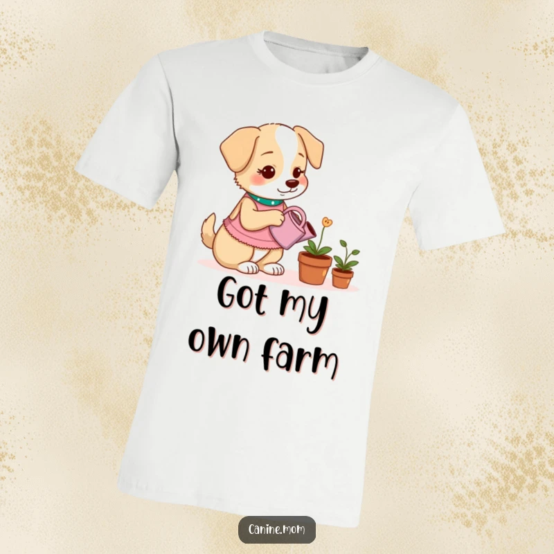 Funny t-shirt showing a dog lady carefully watering a potted plant that yields dog treats using a tiny watering can.