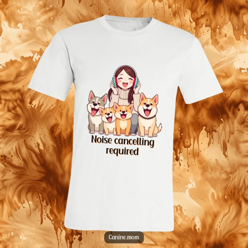 Funny T-shirt for women wearing earmuffs, finding joy amidst a cheerful chorus of barking dogs, a humorous statement piece.