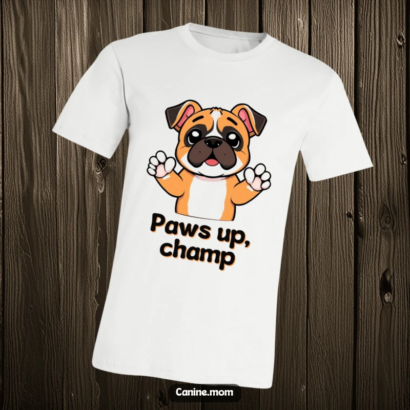 Funny T-shirt depicting an enthusiastic boxer dog raising tiny paws in a spirited cheer. A humorous and motivating design for fans of all kinds.
