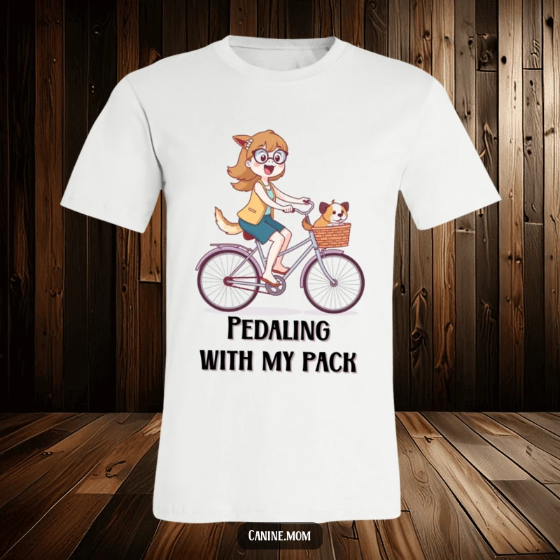 Funny t-shirt of a beaming dog lady cycling energetically, with several content dogs happily nestled in the bike's basket.