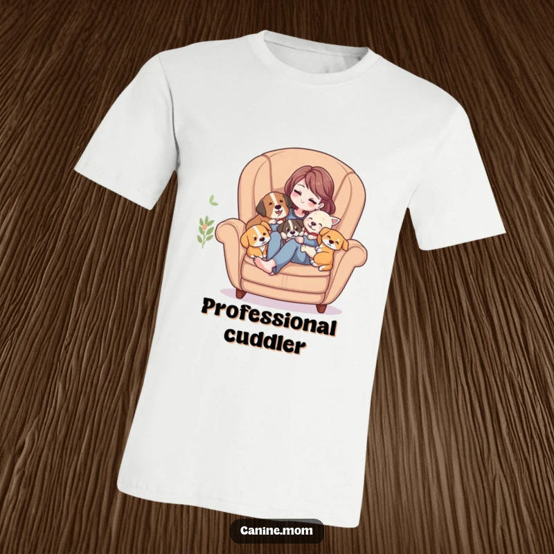 Funny T-Shirt: Woman relaxing in a cozy armchair, surrounded and cuddled by multiple affectionate dogs.