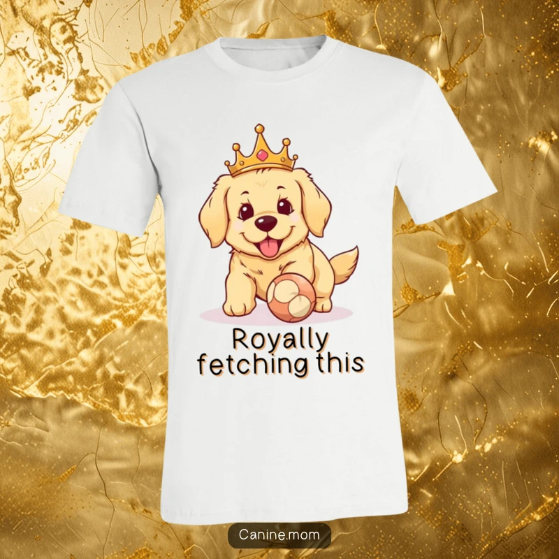Funny Golden Retriever crown t-shirt. A majestic dog adorned with a crown, mid-air, eagerly chasing a ball, showcasing pure fetch excitement and regal charm.