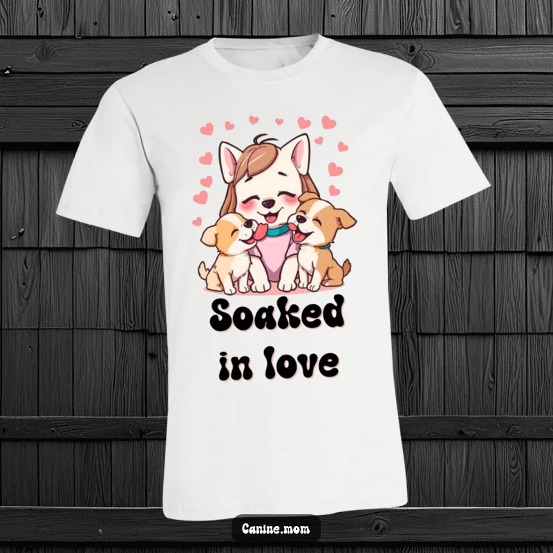 Funny t-shirt illustrating a delighted dog lady being showered with happy licks from several enthusiastic dogs.