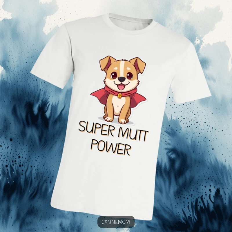 Funny t-shirt depicting an energetic dog in a small superhero cape, bursting with power and ready to save the day with a smile.