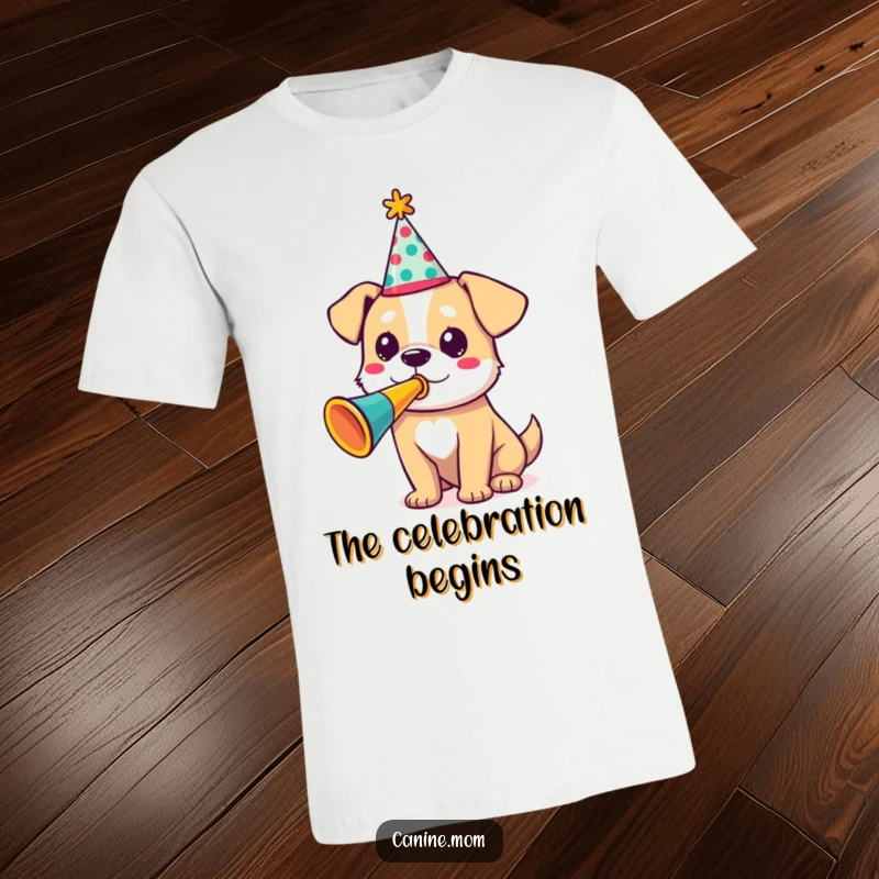 Funny t-shirt of a dog in a party hat, enthusiastically blowing a colorful trumpet, ideal for a fun loving funny gift.