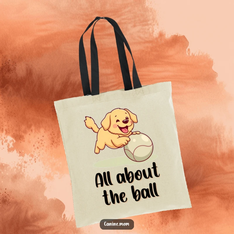 Funny Golden Retriever Tote Bag: A happy golden retriever is shown excitedly chasing a massive ball, conveying endless energy and fun.