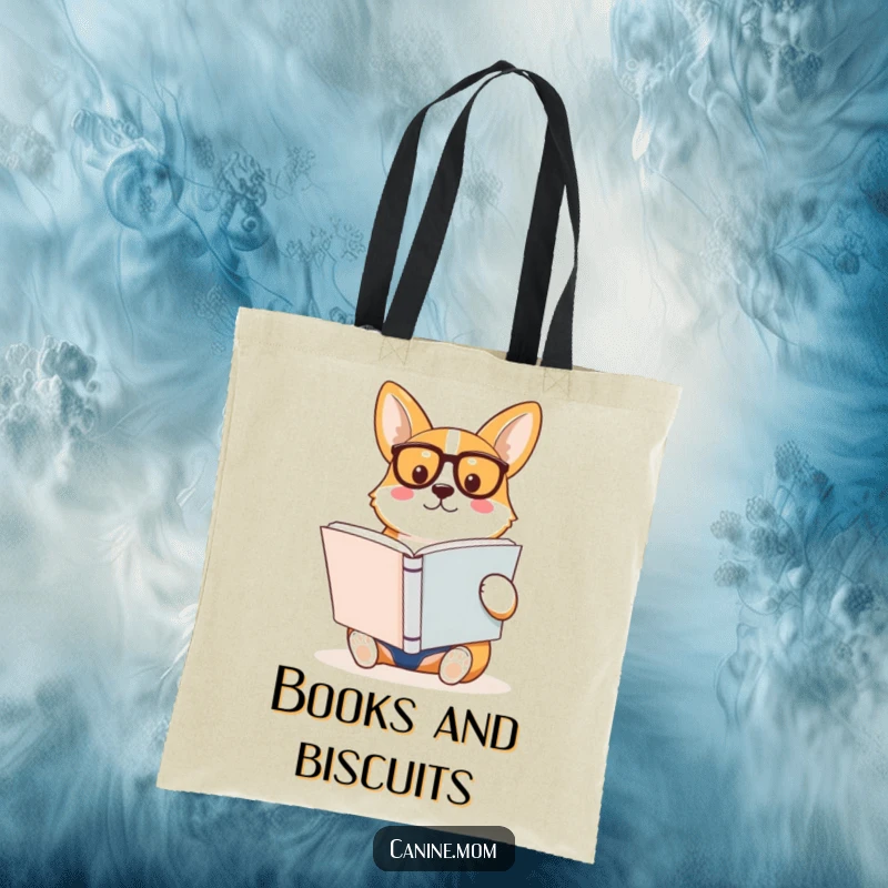 Funny Corgi Tote Bag, sporting spectacles and reading a large book, perfect for stylishly carrying books and essentials.