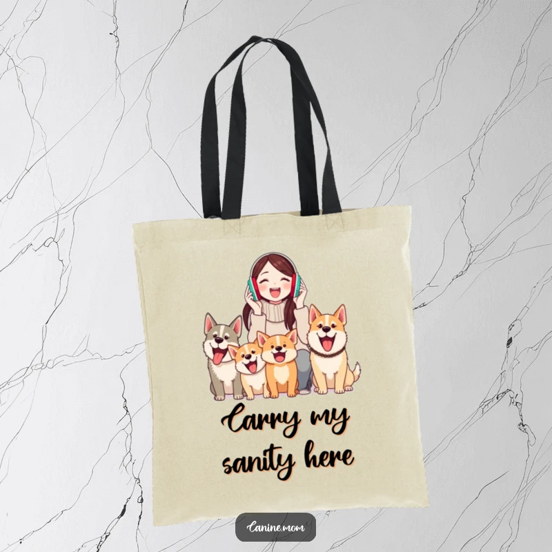 Funny tote bag, a woman in earmuffs looking pleased, surrounded by happily barking dogs, practical and comical.