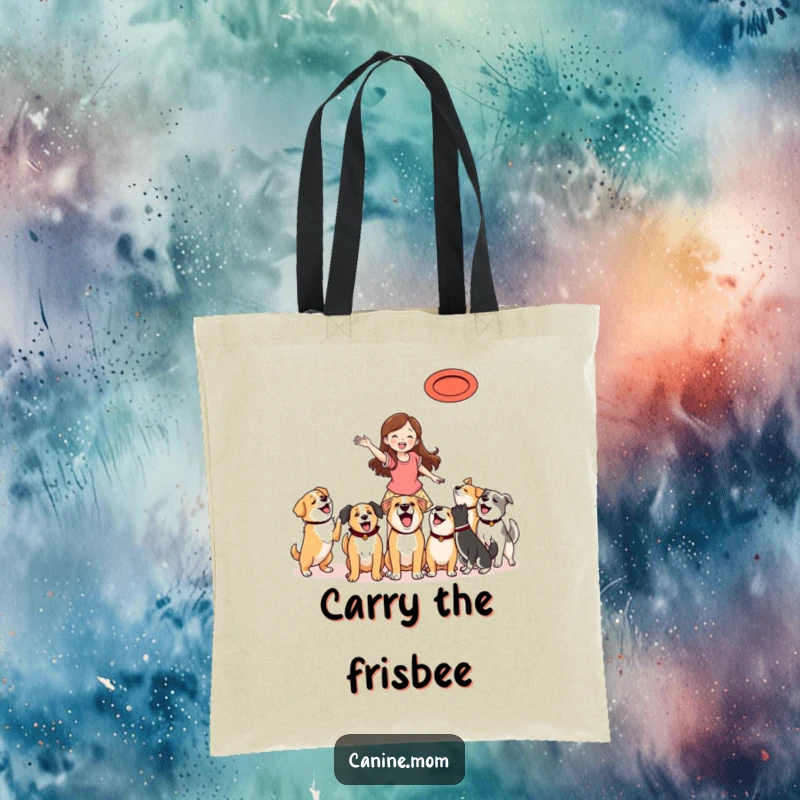 Funny Tote Bag: Woman throwing a frisbee, with multiple excited dogs leaping and running towards it.