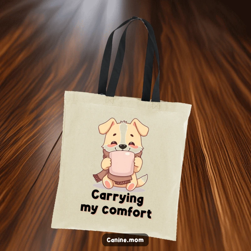 Funny tote bag with a dog in a cozy scarf, happily sipping from a giant mug, perfect for carrying items and spreading cheer.