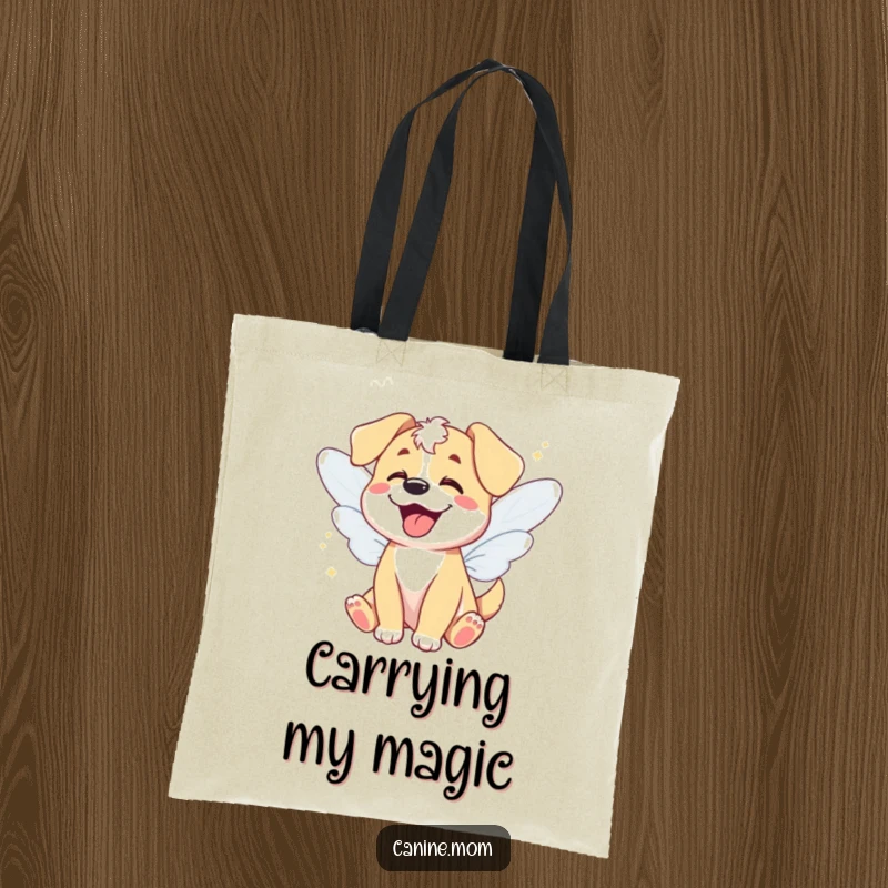 Funny tote bag with a giggling dog wearing fairy wings, fluttering with delight, perfect for carrying magical items, a funny gift.