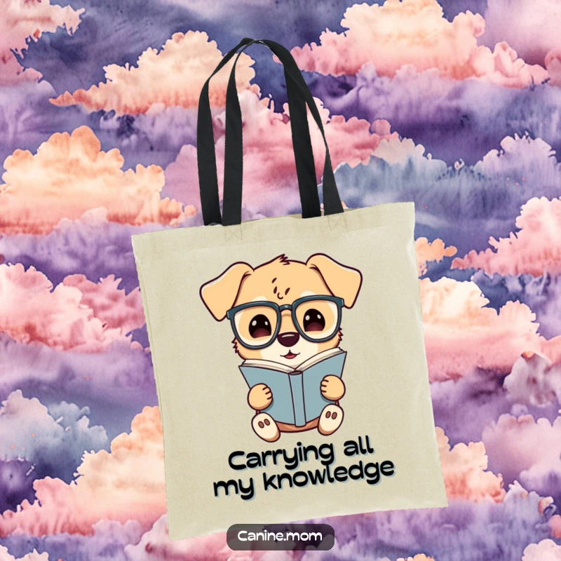 Funny tote bag depicting a curious dog with spectacles, enthusiastically reading a book, perfect for carrying essentials and showing off intellect.