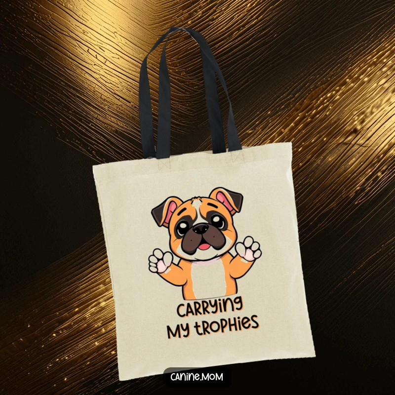 Funny tote bag featuring a boxer dog raising tiny paws in a cheer, perfect for carrying items with energetic, humorous style. A spirited accessory.