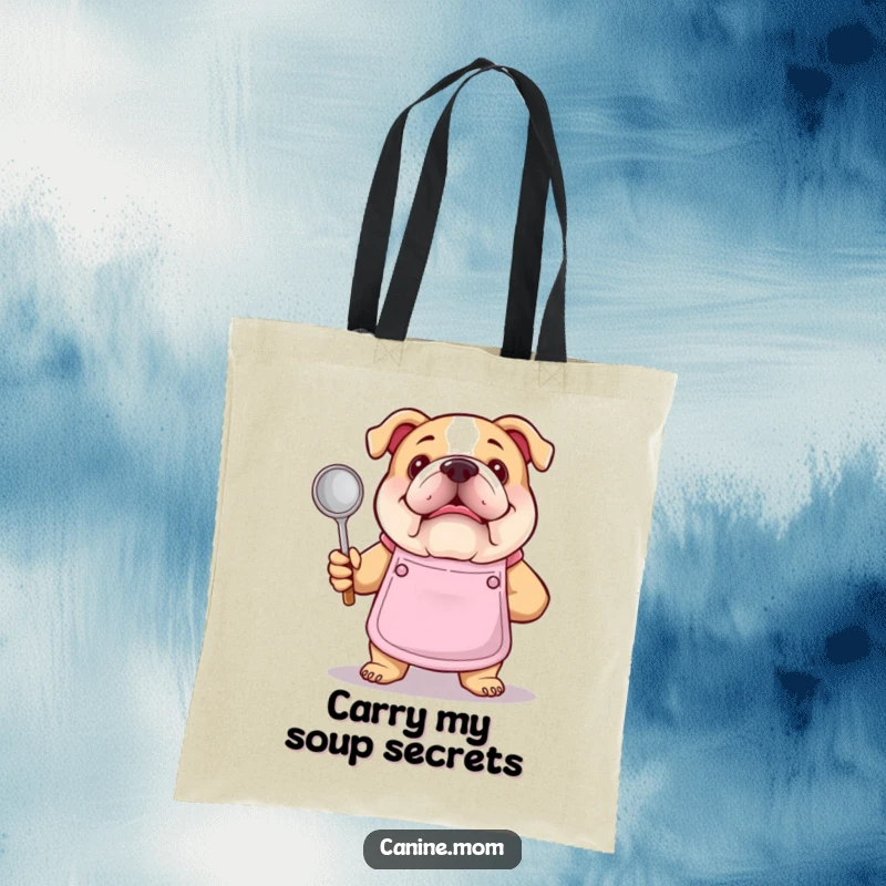 Funny bulldog chef tote bag. A bulldog in an apron proudly holds a soup ladle, ideal for carrying groceries with a humorous culinary flair.