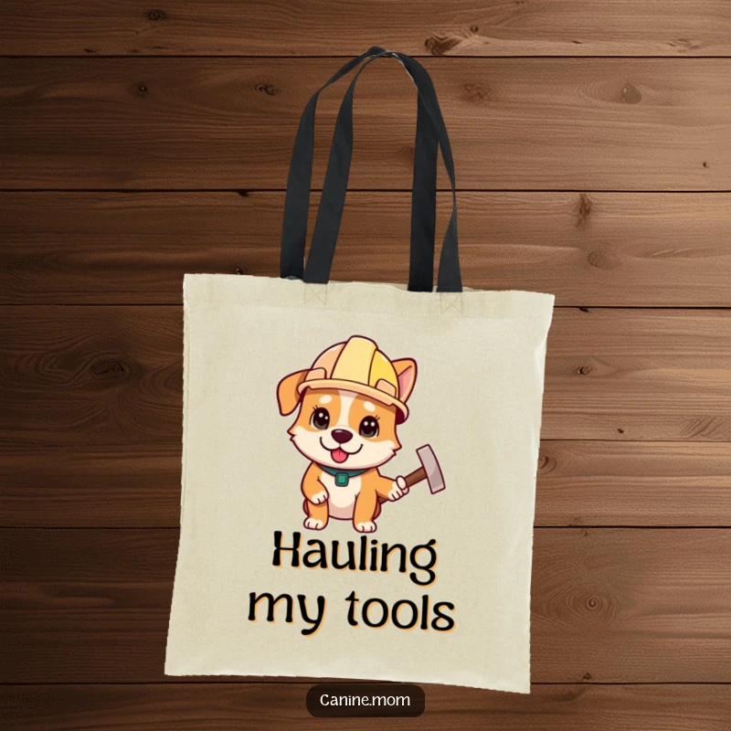 Funny tote bag with a determined dog wearing a construction helmet, holding a hammer, ideal for carrying tools, a funny gift.