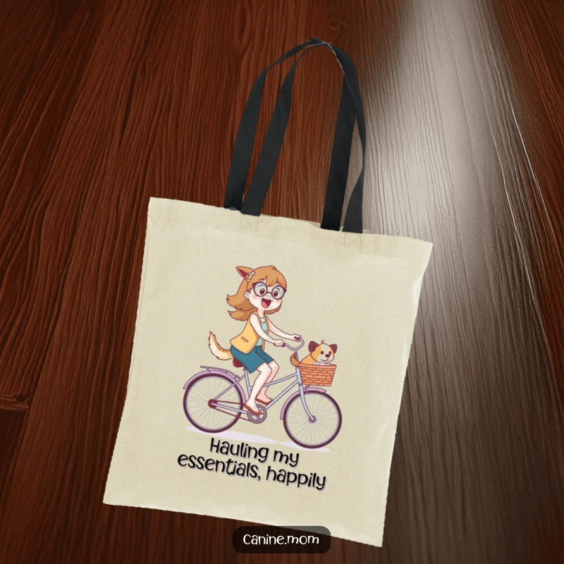 Funny tote bag showing a happy dog lady on a bicycle, with a charming basket full of smiling dogs on a scenic route.