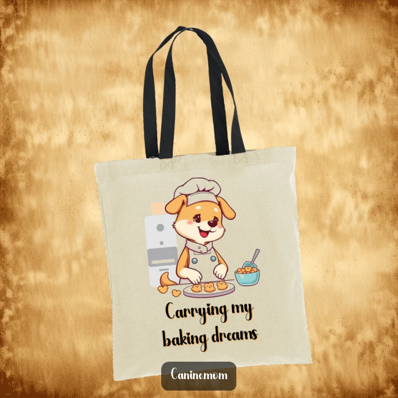 Funny tote bag depicting a smiling dog lady in a chef hat, holding a tray overflowing with cute, miniature dog cookies.