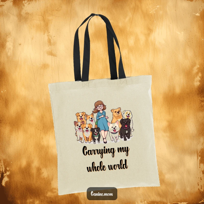 Funny tote bag depicting a proud dog lady walking with a diverse group of happy dogs, all enjoying the parade.