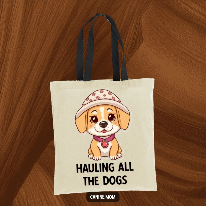 Funny tote bag featuring a dog lady in a hat with small paw prints, highlighting her canine adoration with a humorous touch.