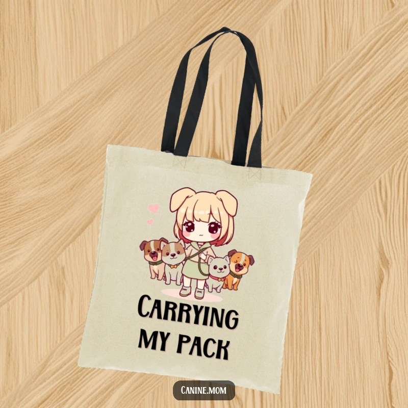 Funny tote bag with a Kawaii dog lady holding a leash and multiple dogs, perfect for carrying pet supplies.