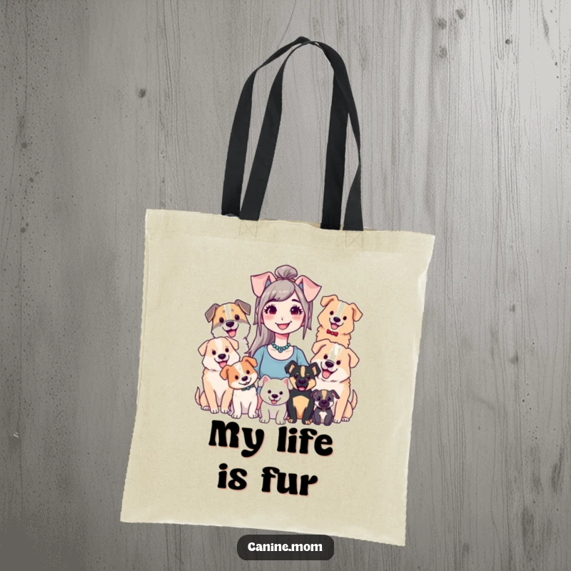 Funny tote bag depicting a beaming dog lady surrounded by her beloved dogs, ideal for carrying dog treats and toys.