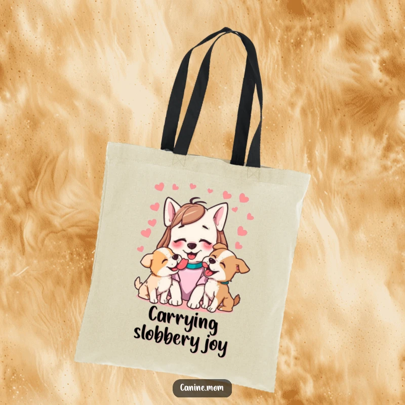 Funny tote bag depicting a dog lady happily receiving a shower of licks from multiple enthusiastic dogs.