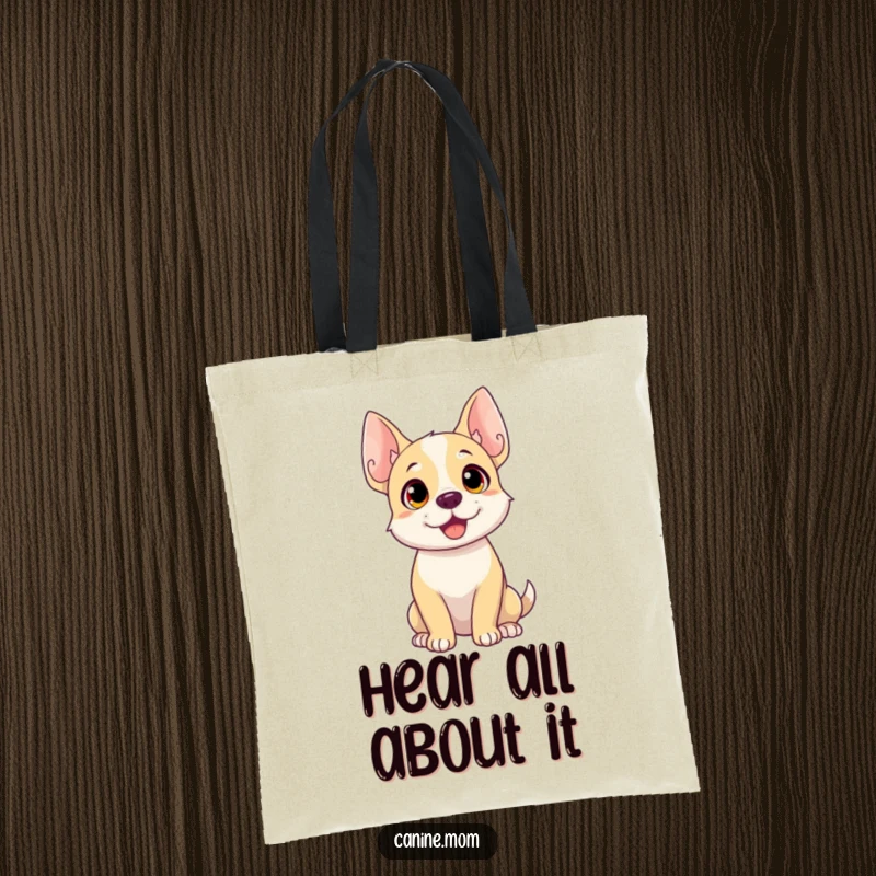 Funny dog tote bag with a dog whose ears are perked high, head cocked, symbolizing keen listening and curiosity.