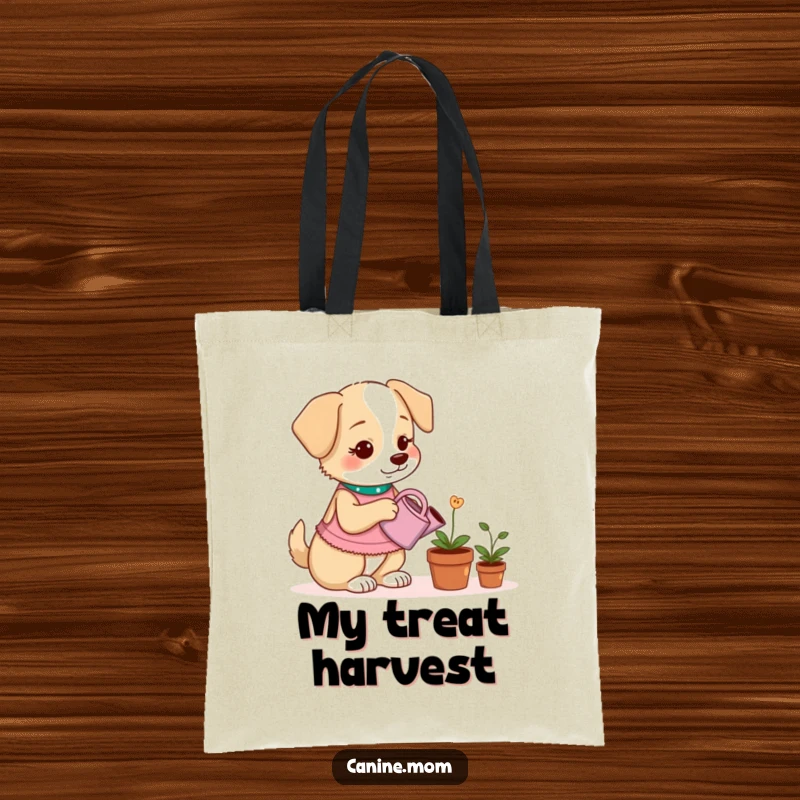 Funny tote bag depicting a dog lady watering a potted plant that grows dog treats, highlighting a unique hobby.