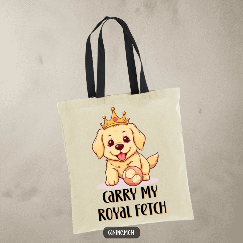 Funny Golden Retriever crown tote bag. A regal dog with a crown, prepared to fetch a ball, making it a humorous and practical accessory for any outing.