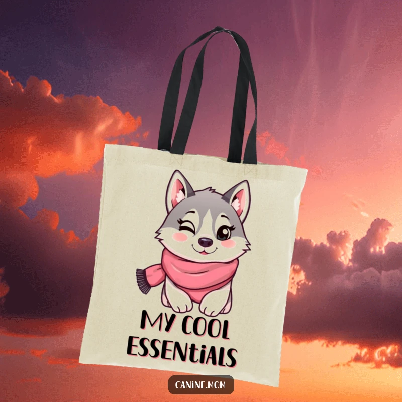 Funny tote bag featuring a husky wearing a scarf and giving a playful wink, perfect for carrying essentials with cool, humorous style. A chic accessory.