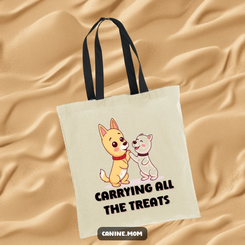 Funny kawaii dog lady character holding a tote bag filled with training supplies, her dog attentive, on a humorous tote.