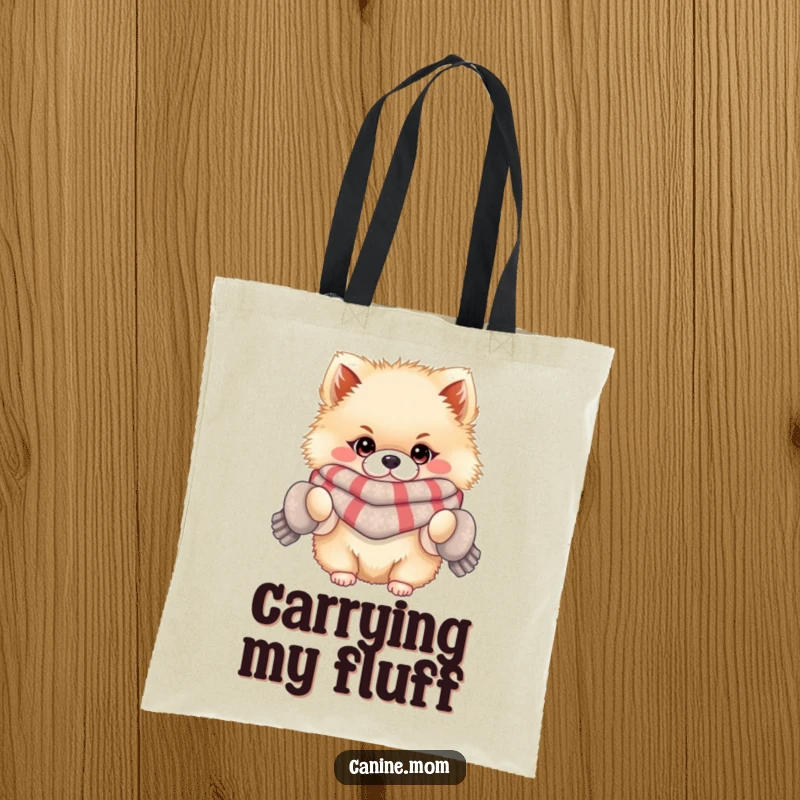 Funny tote bag with a fluffy Pomeranian wearing a scarf and mittens, perfect for carrying essentials with adorable winter style.