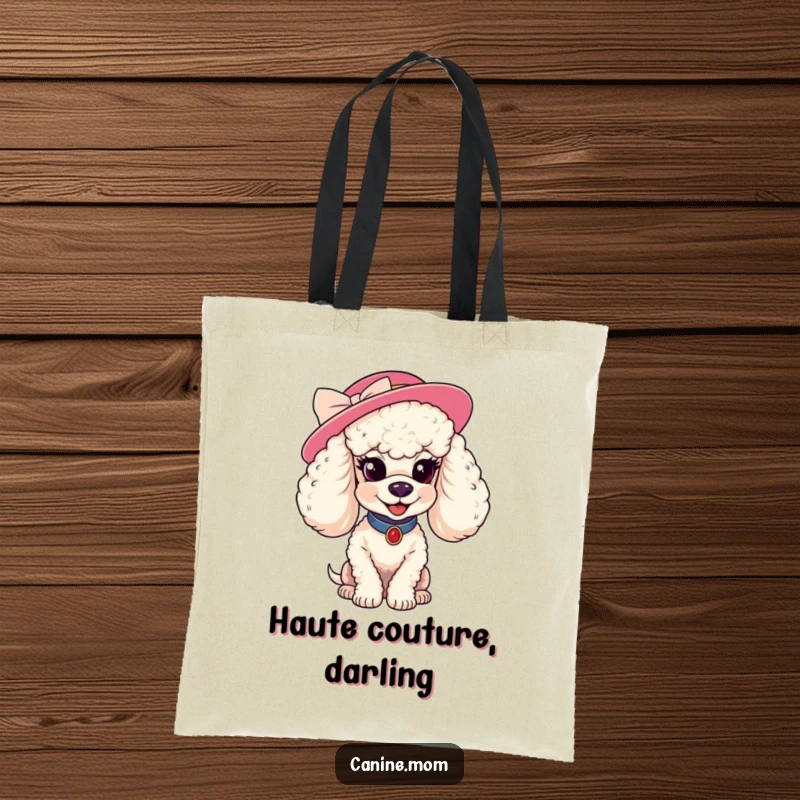 Funny poodle hat tote bag. A poodle with a fancy hat smiles coyly, making it a chic and humorous accessory for carrying daily essentials.