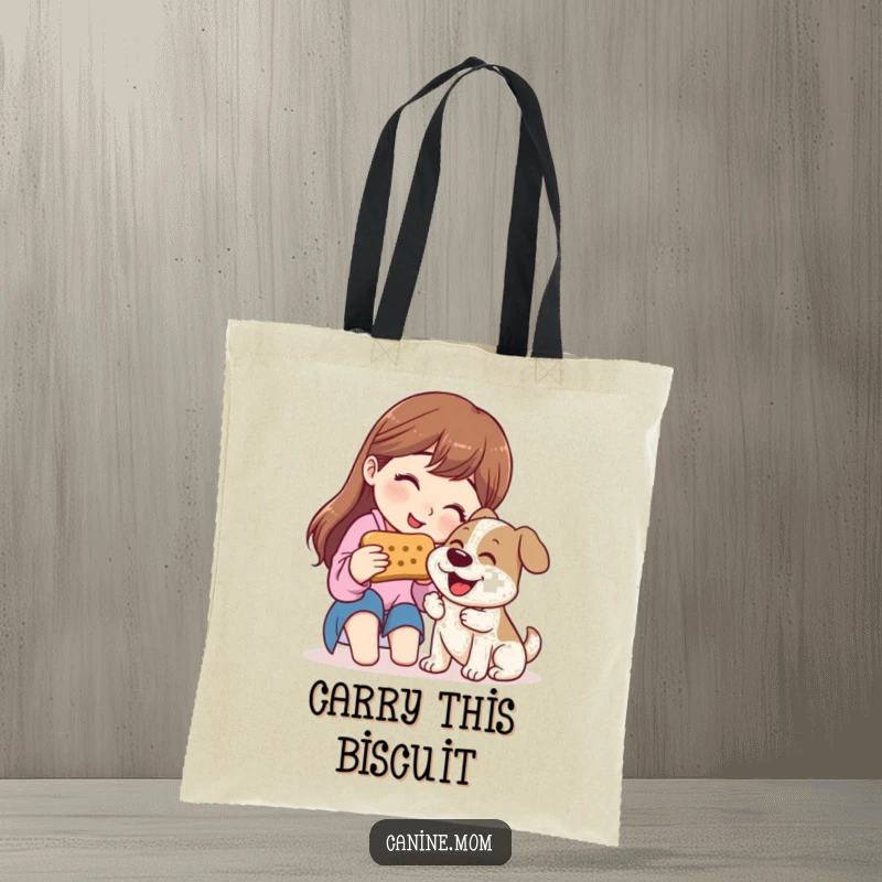 Funny Tote Bag: Woman sharing a giant dog biscuit with a happy dog, symbolizing friendship and treats.