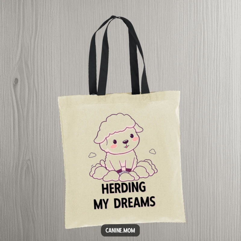Funny Sheepdog Tote Bag, expertly herding tiny, wispy cloud shapes with evident delight, a charming accessory for dog lovers.