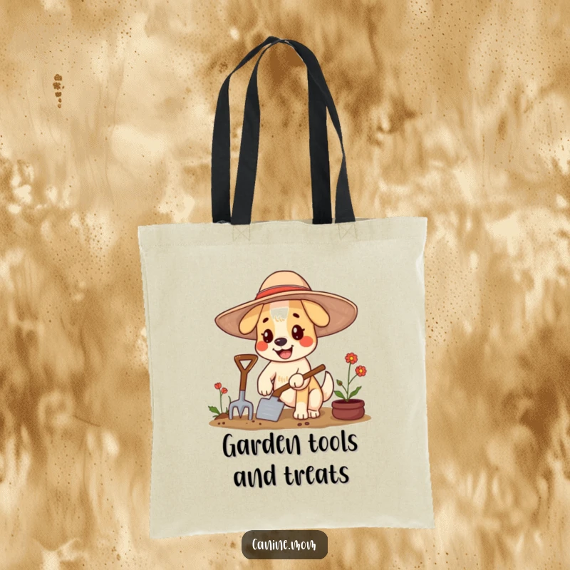 Funny dog tote bag with a happy character in a large floppy hat, gardening with a trowel, for gardeners.