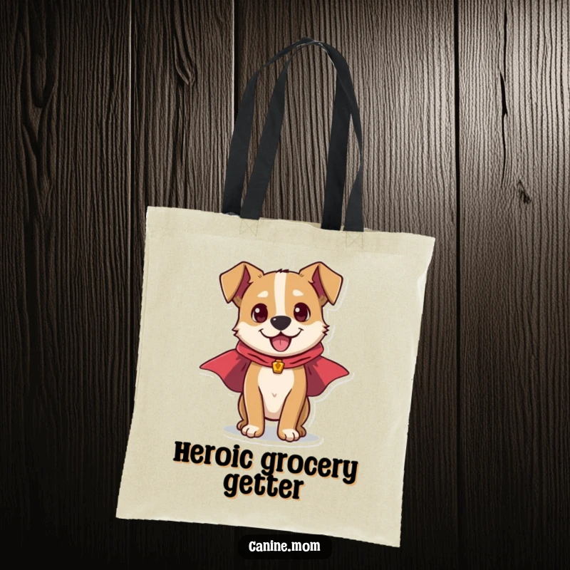 Funny tote bag with a dynamic dog in a superhero cape, ready to carry your world with energy and a heroic flair.